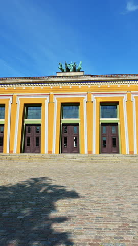 The facade of the Thorvaldsen Museum single-artist museum in Copenhagen, Denmark. Vertical