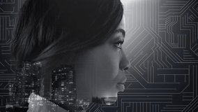 Profile of woman with cityscape and circuit board animation. Technology, innovation, futuristic, urban, digital, network - Powered by Shutterstock - Get 15% off with code: PIKWIZARD15