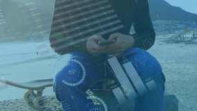 Holding smartphone, person with financial data processing animation over beach background. Technology, finance, remote work, digital, mobile, vacation - Powered by Shutterstock - Get 15% off with code: PIKWIZARD15