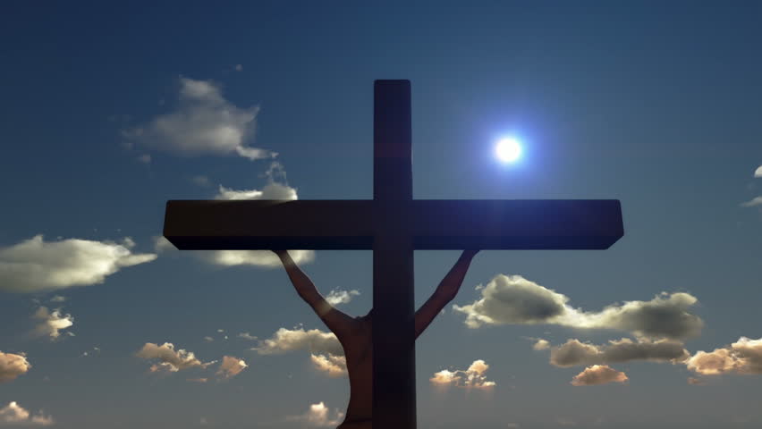 Jesus on Cross, close up, timelapse sunset, godrays