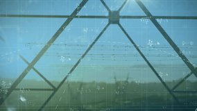 Mathematical equations and formulas animation over landscape with power lines. Technology, energy, environment, innovation, engineering, electricity - Powered by Shutterstock - Get 15% off with code: PIKWIZARD15
