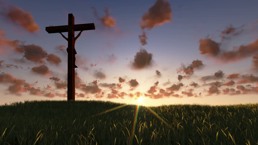 Jesus on Cross, meadow and timelapse sunrise, night to day