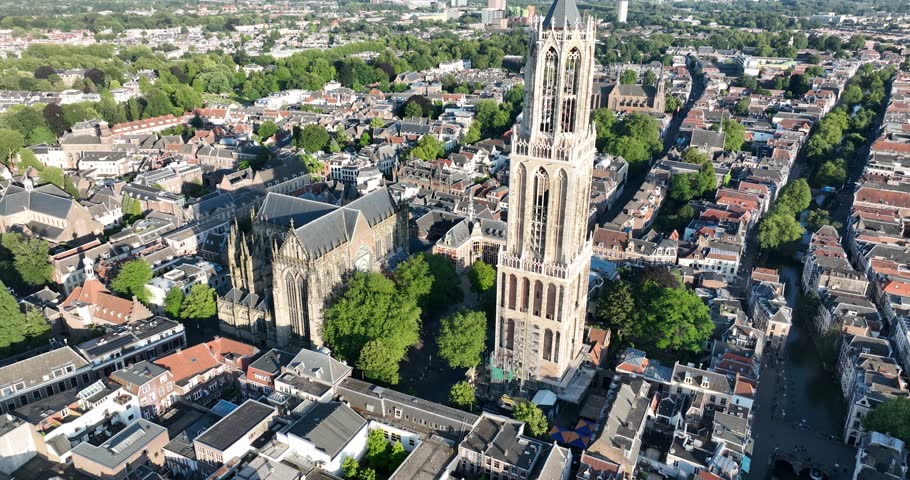 Aerial view of the Dom toren, Dom tower, cathedral in Utrecht, The Netherlands.