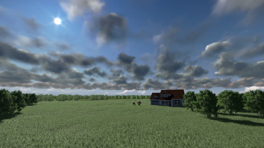 House on green meadow and horses, timelapse clouds, tilt