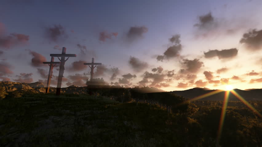 Jesus on Cross, meadow with olives, time lapse sunrise, panning