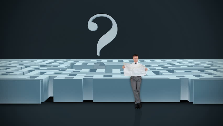 Businessman with Map trying to find his way in a Maze with Question Mark, dark