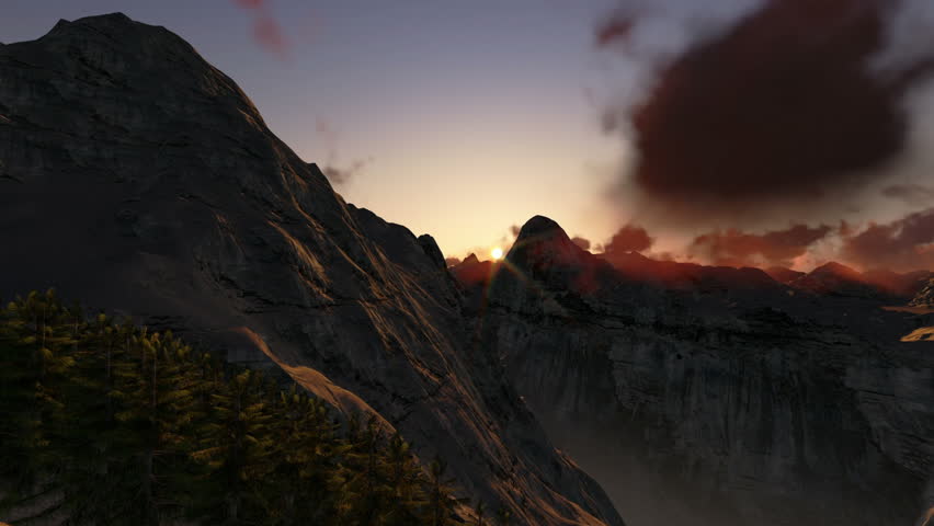 Mountain peaks at sunset, timelapse clouds