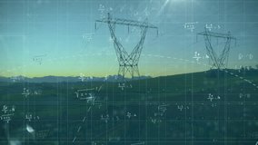 Mathematical equations and formulas animation over power lines in rural landscape. Electricity, energy, mathematics, technology, infrastructure, outdoors - Powered by Shutterstock - Get 15% off with code: PIKWIZARD15