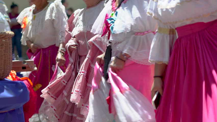 Traditional Latin American Folk Dance Performance. Women in vibrant pink and white dresses showcasing cultural heritage. Celebrating tradition through lively dance and colorful attire