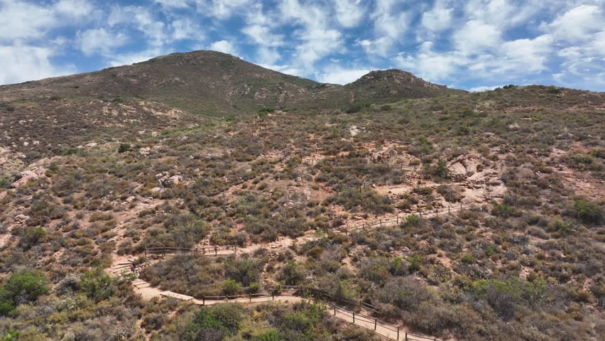 Aerial view of hiking trails in Mission Trails on Cowles Mountain during a sunny and partly cloudy day in San Diego California
