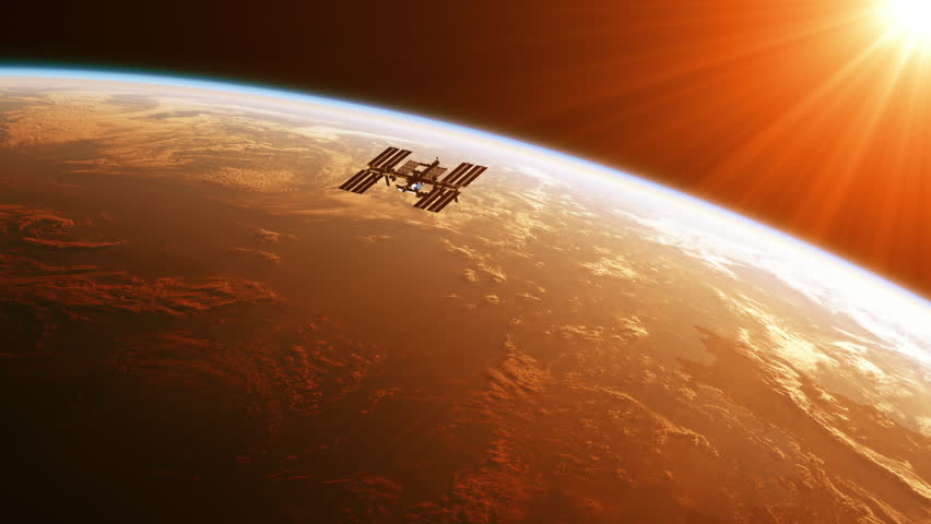 Sunlit international space station above Earth. 3d animation. 4k.