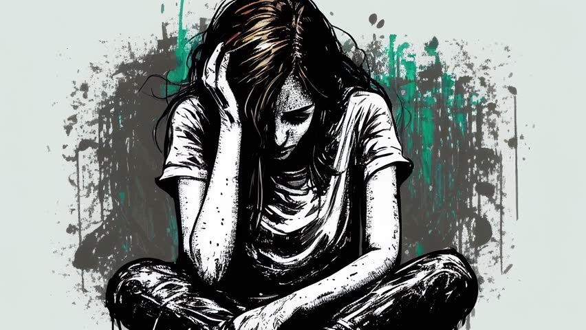 hand drawn animation of depressed looking woman holding her head. mental health concept. endless animation loop.