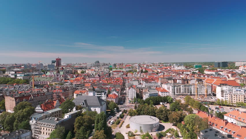 Skyline cityscape of Poznań, Poland. Panoramic aerial view of Poznan Old Town market square (Rynek) and Town Hall (Ratusz) on a sunny summer day