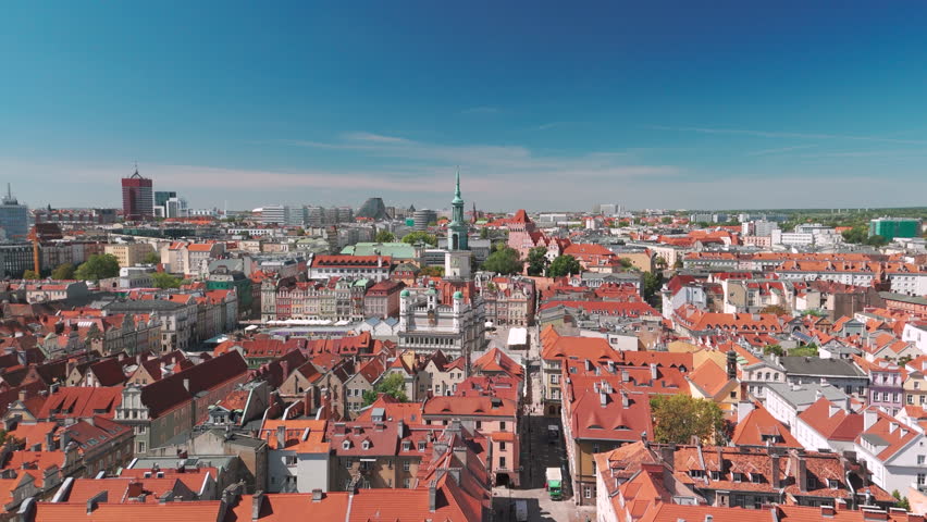 Skyline cityscape of Poznań, Poland. Panoramic aerial view of Poznan Old Town market square (Rynek) and Town Hall (Ratusz) on a sunny summer day