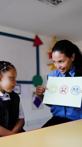 Child psychology, Preschooler on therapy for emotion regulations. Therapist help child with worksheet for emotional manage. Education concept. Vertical video