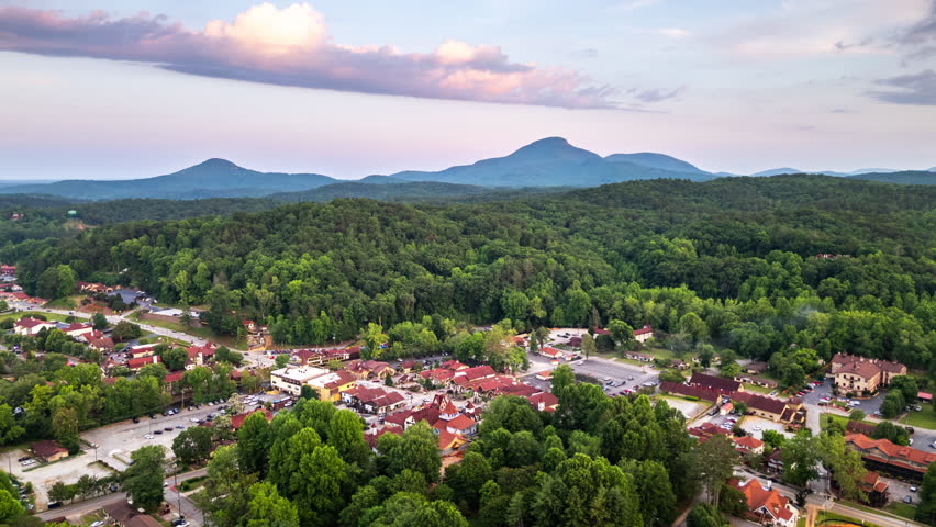 Helen, Georgia, USA downtown with Mt. Yonah in the distance on a summer evening.
