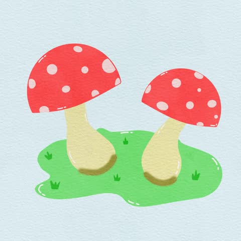 Animation of drawing two mushrooms on a green field