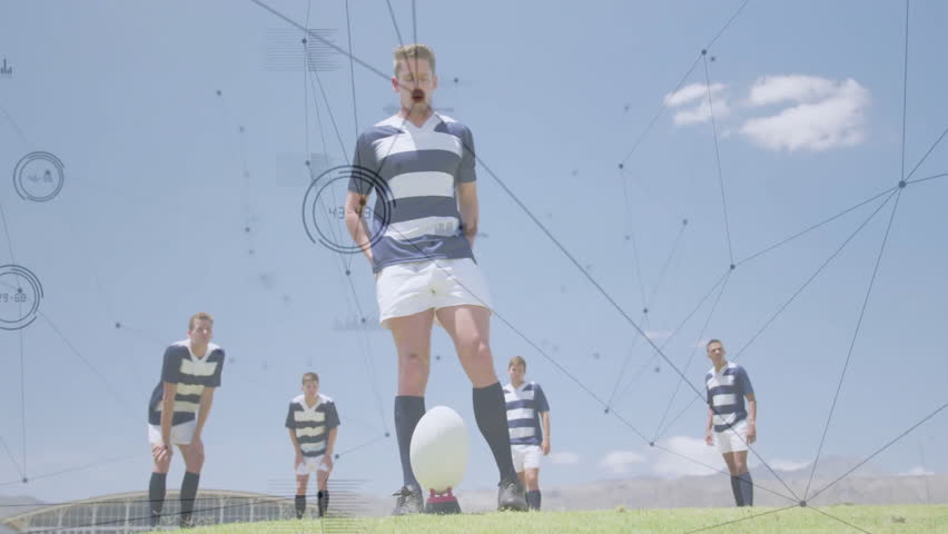 Rugby players on field with data processing animation over blue sky background. sports, athletes, competition, teamwork, analytics, technology - Powered by Shutterstock - Get 15% off with code: PIKWIZARD15