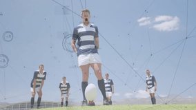 Rugby players on field with data processing animation over blue sky background. sports, athletes, competition, teamwork, analytics, technology - Powered by Shutterstock - Get 15% off with code: PIKWIZARD15