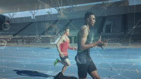 Running athletes on track with data processing animation overlaying their movements. Athletics, technology, sports, motion, performance - Powered by Shutterstock - Get 15% off with code: PIKWIZARD15