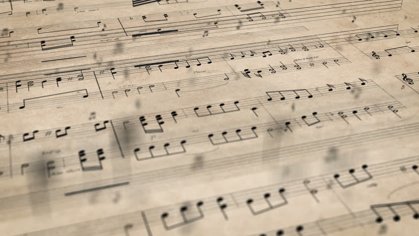 Gentle slow tracking shot over old sheet music with notes dancing on the lines, single notes flying through the air, retro music piece, depth of field animation