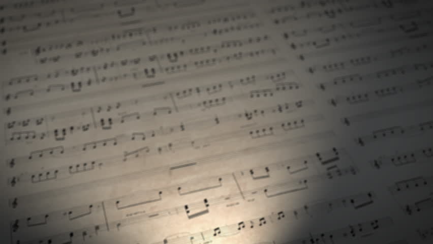 Close-up of an old sheet of music from which individual notes slowly rise, background animation for musical content