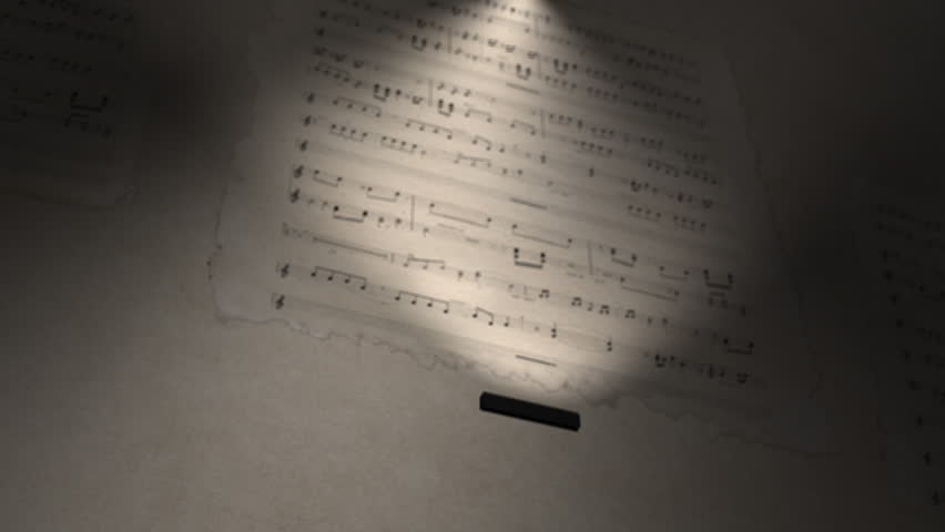 Sheet of music with a piece of music hangs on the wall in the light of small lamps, notes fly out of the sheet into the room, animation background