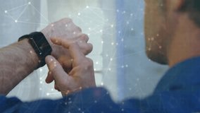 Checking smartwatch, person surrounded by social media icons and network connections. Technology, connectivity, digital, smart device, communication, innovation - Powered by Shutterstock - Get 15% off with code: PIKWIZARD15