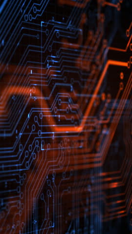 Blue futuristic printed circuit board. 3D render abstract network technology background. Digital server code processing or AI artificial intelligence deep machine learning concept. Vertical video