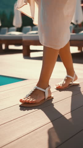 Woman walks by pool, wearing light sarong and sandals. Her relaxed steps and the sunlit scene evoke feelings of summer leisure and tranquility. Concept of vacation, relaxation, and poolside stroll