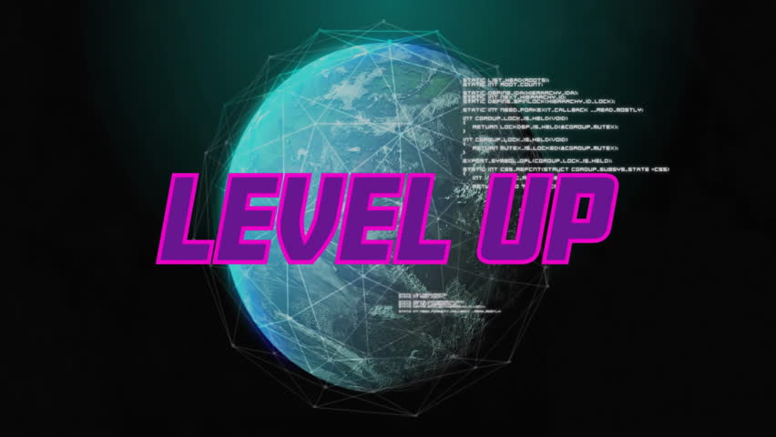 Level up text animation over digital globe with data processing. technology, upgrade, progress, futuristic, network, cyber - Powered by Shutterstock - Get 15% off with code: PIKWIZARD15