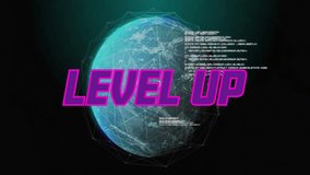 Level up text animation over digital globe with data processing. technology, upgrade, progress, futuristic, network, cyber - Powered by Shutterstock - Get 15% off with code: PIKWIZARD15