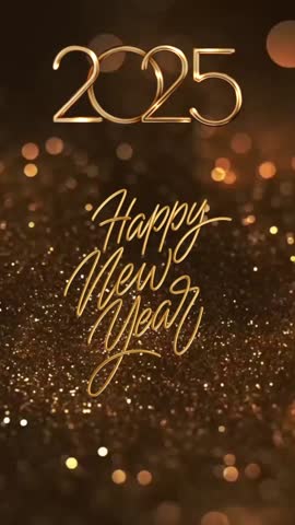 Happy New Year 2025 golden particle bokeh black background. New year 2025 concept.	