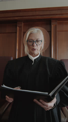 Vertical shot of senior blond female judge holding folder with juridical documents and passing decision after court session