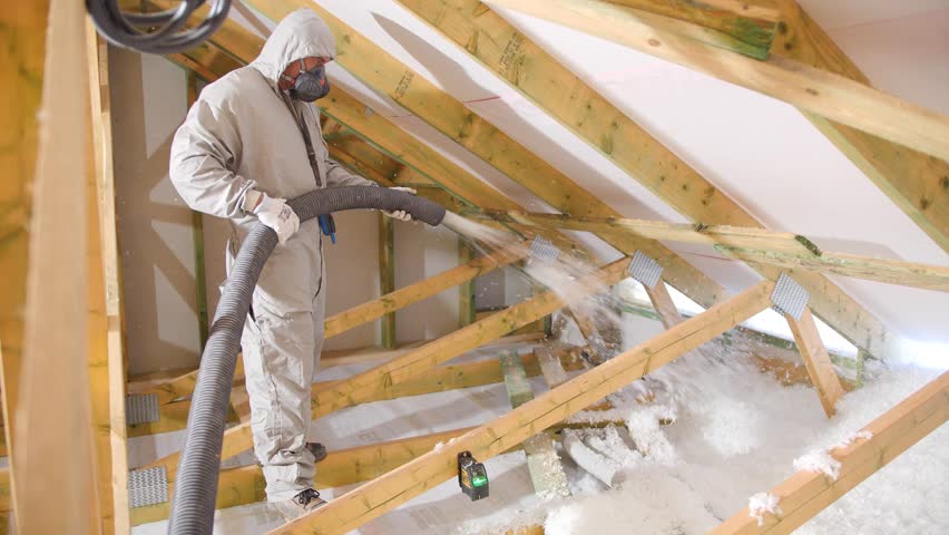 House attic insulation - construction worker installing cellulose on the roof