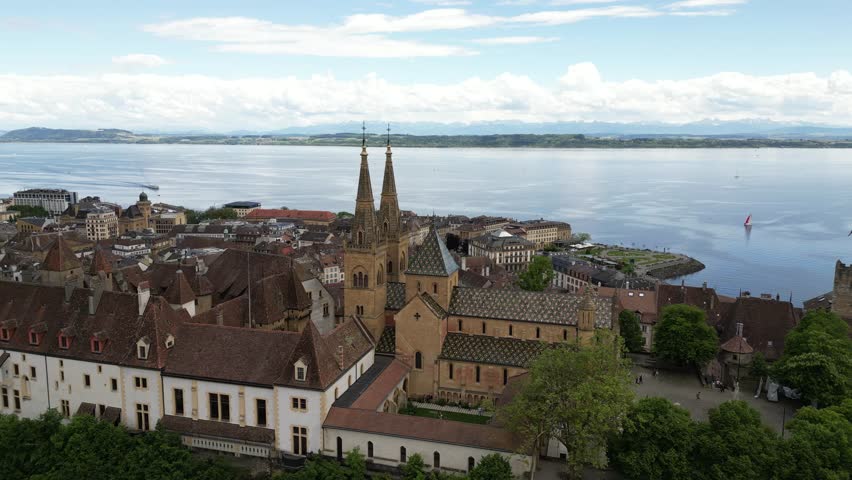 Gothic style reformed church Neuchâtel Switzerland Neuenburg Castle, aerial lake