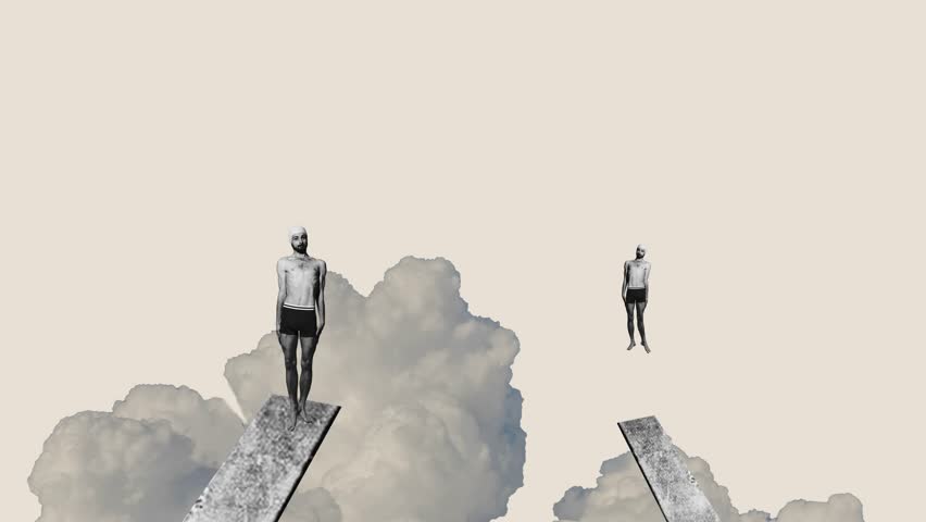 Stop motion. Modern animation. Man, swimmer floating off plank into clouds against minimalist beige background. Concept of sport, competition, victory, championship, strength and power. Ad