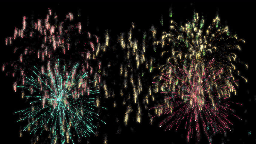 Fireworks on transparent background. Animated backgrounds for fireworks. Beautiful explosion of fireworks. 4k animation of festive background with shining beams and fire particles.