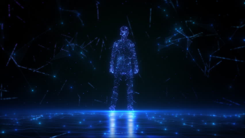 Abstract Hyper Connected Digital Human Figure Standing. Abstract Cyber Space, Artificial intelligence concept of Big Data or Cyber Security. 3D rendering Metaverse. Futuristic Technology. AGI, Cyborg,