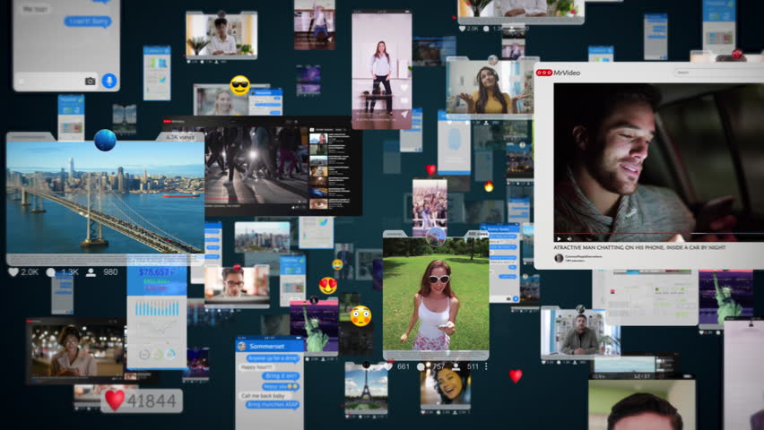 Digital Mosaic Of Social Media Posts, Videos, And Financial Data. Interconnectedness Of Online Interactions And Modern Communication In The Digital Age. Metaverse Big Data with Viral Videos.