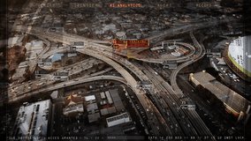 Aerial View Of Busy Highway Under AI Surveillance, Tracking Vehicles And Monitoring Traffic. The Interface Displays Network Of Control Points, Highlighting Advanced Technology In Traffic Management. - Powered by Shutterstock - Get 15% off with code: PIKWIZARD15