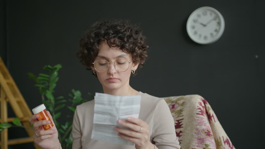 Young curly-haired woman sitting in living room, carefully reading instruction leaflet while holding prescription pill bottle before taking medications at home