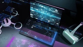 high technology desk with many devices. Modern animation of laptop with different type of graphics - Powered by Shutterstock - Get 15% off with code: PIKWIZARD15