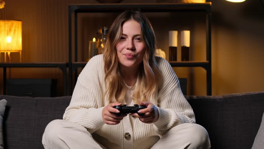 Woman Playing In Video Game And Getting Be Upset By Defeat At Late Night Home