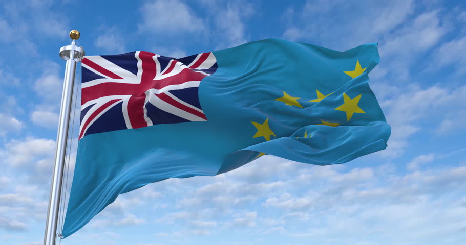 Tuvalu flag with flagpole waving in wind, rolling clouds background looping, 4K video (Perfect Loop)