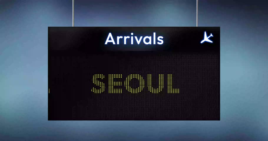 Seoul flight arrival status 4k animation seamless loop on screen
