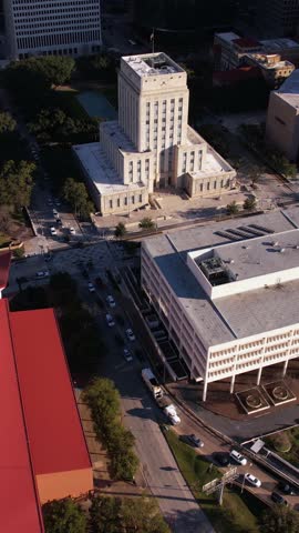 Vertical Drone Shot, Houston City Hall and Downtown Skyscrapers, Texas USA