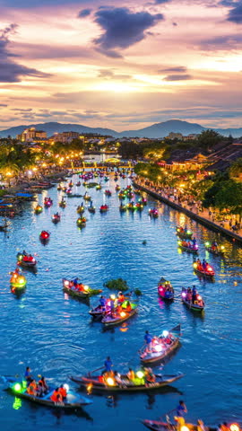 Vertical video of Hoi an ancient town at twilight, Vietnam.