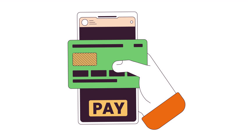 Credit card transaction smartphone hand line cartoon animation. Mobile phone app banking 4K video motion graphic. Ecommerce purchase online 2D linear animated hand isolated on white background