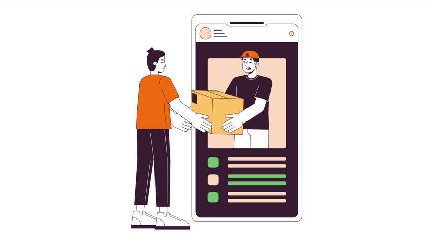 Man receiving parcel delivery phone line 2D animation. Guy orders taking cellphone ecommerce 4K video motion graphic. Application smartphone linear animated cartoon flat concept, white background